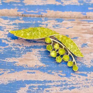 Vintage Elven Leaf Green Rhinestones Unique Brooch - L32